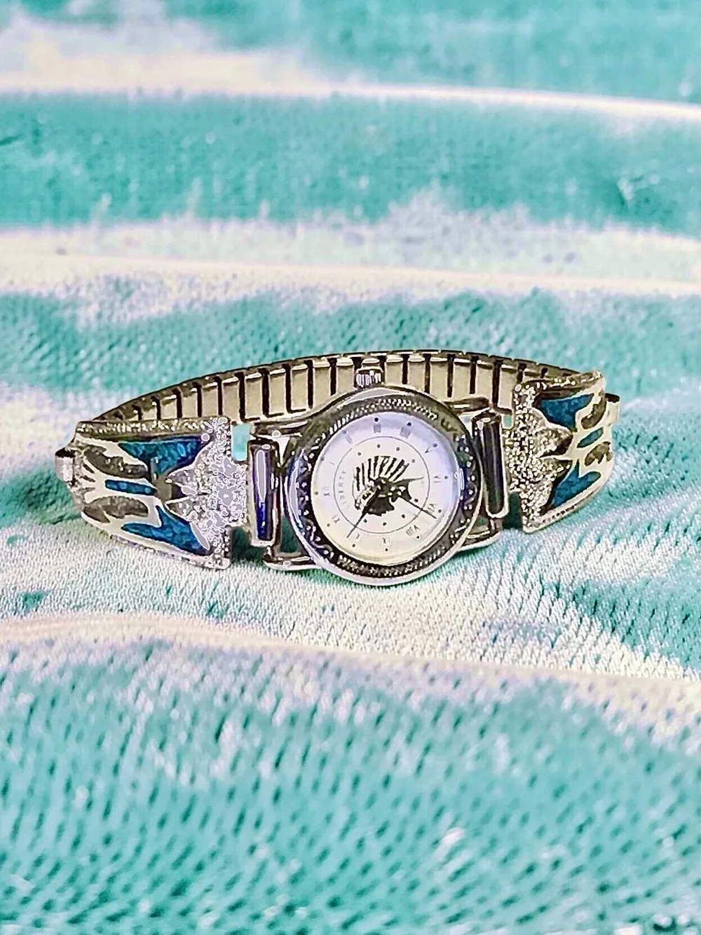 Silver Indian Chief Watch with Sterling Navajo Turquoise Inlay Thunderbird Tips